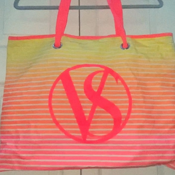 Victoria’s Secret Neon Pink & Yellow Stripe Tote Beach Bag - Picture 3 of 4